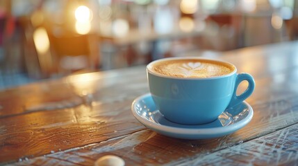 A latte with beautiful latte art sits in a blue cup on a rustic wooden table in a brightly lit café. The blurred background adds to the cozy, inviting atmosphere of the café, perfect for relaxing.
