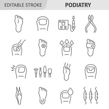 Podiatry line icon set. Podology collection with sole, toe, pedicure machine, callus, ingrown toenail, nail fungus, nippers. Editable stroke. Vector illustration.
