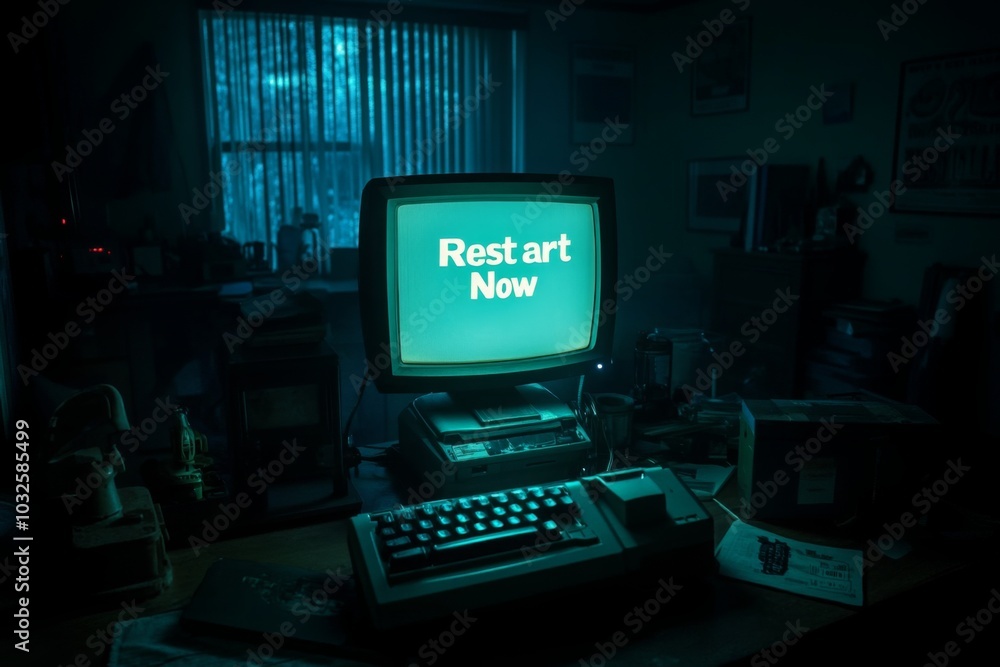 Poster vintage computer desk with retro monitor and keyboard