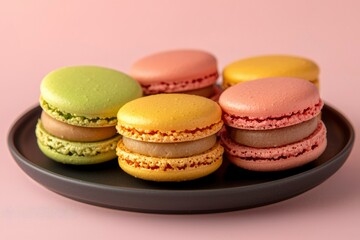 Five Colorful Macarons with Cream Filling on a Black Plate