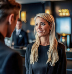 Obraz premium A woman with long blonde hair smiles while talking to people in a hotel lobby