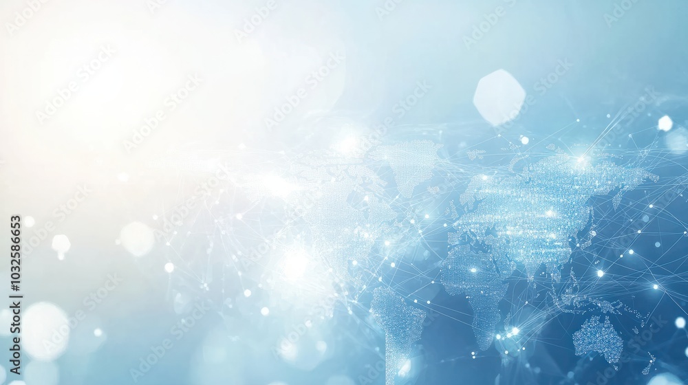 Poster light blue background with a digital world map and global network connections, representing the conc