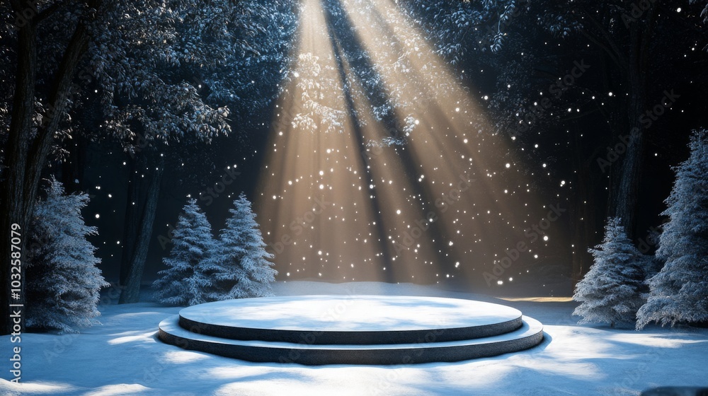 Poster a tranquil winter landscape features gently falling snowflakes amidst tall, snow-laden trees. soft b