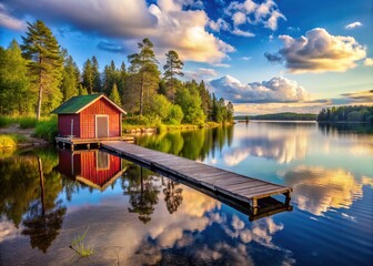 Obraz premium Scandinavian Summer Lake: Red Wooden Sauna & Jetty Landscape