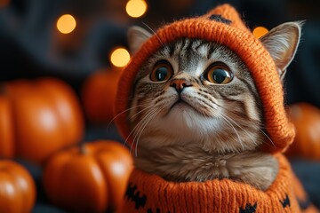 A cute cat in a Halloween costume in the studio on a dark background. The cat depicts a witch with pumpkins on Halloween