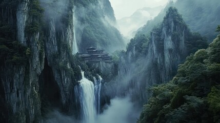 Majestic Chinese landscape with waterfall and misty cliffs