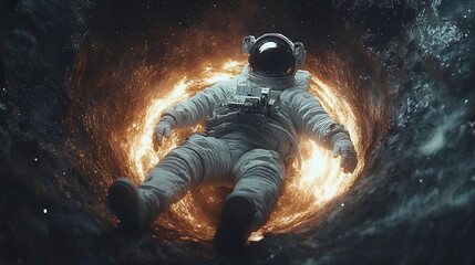 Fototapeta premium Astronaut Confronts Cosmic Abyss Near Swirling Black Hole