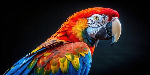 Obraz premium Stunning Macaw Parrot on Black Background - AI Generated Panoramic Photo