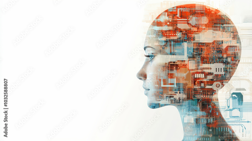 Poster a digital, abstract representation of a human profile combined with circuit patterns, symbolizing ar