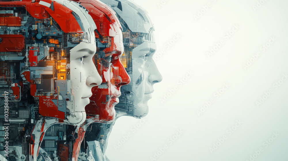 Poster futuristic humanoid robots with exposed mechanical components, depicted in profile, showcase a blend