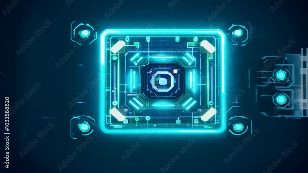 Poster abstract glowing circuit board with neon lines and square frame.