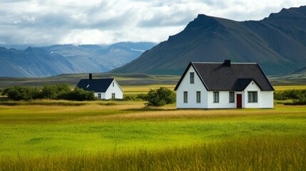 Obraz premium Scenic landscape featuring white houses surrounded by lush green fields and mountains.