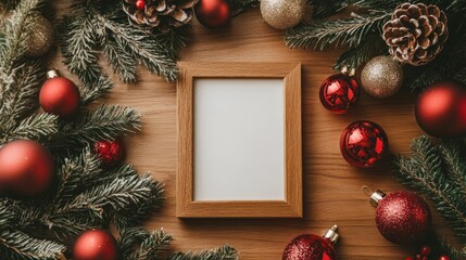 A blank photo frame surrounded by festive decorations for the holiday season.