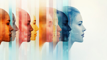 A series of diverse, abstract profiles merge with cityscape elements, symbolizing the convergence of humanity and urban life in a colorful, futuristic style.