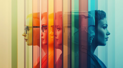 A colorful abstract image featuring profiles of people and a robot, separated by vertical lines, symbolizing the convergence of humanity and technology.