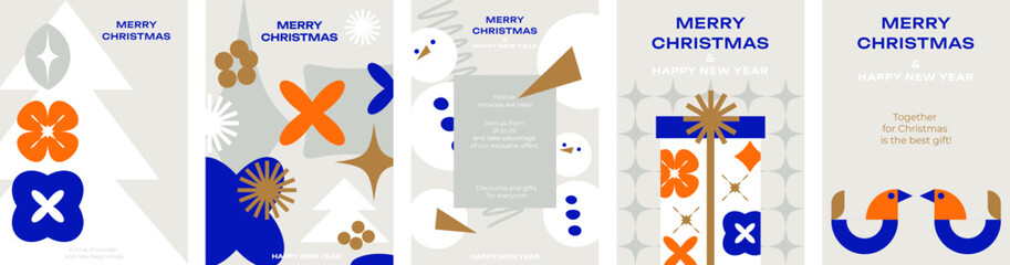 Collection of minimalist Christmas cards. Geometric design, Christmas trees, snowmen, Christmas toys, gifts. Great for greetings, business, advertising, winter promotions. Vector illustration.