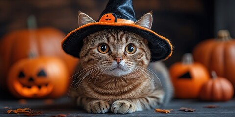 A cute cat in a Halloween costume in the studio on a dark background. The cat depicts a witch with pumpkins on Halloween