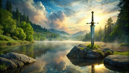 "Enchanted Excalibur: Sword in Stone Fantasy Lake Art Illustration"