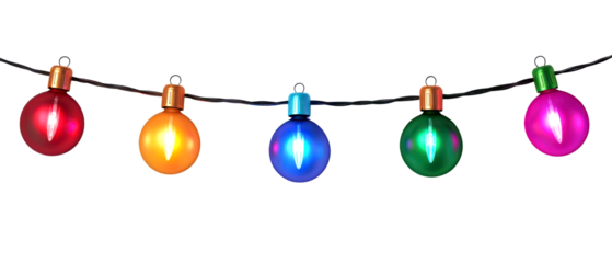 Colorful Christmas lights string, vibrant colors, festive decoration, isolate on transparent background, cutout, png