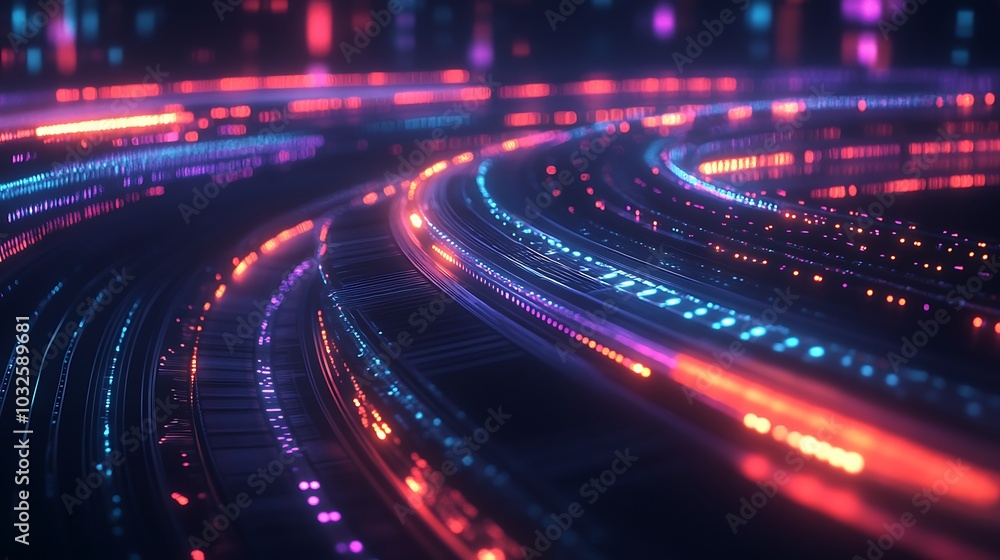 Poster light trails swirl around a dynamic holographic logo with text space