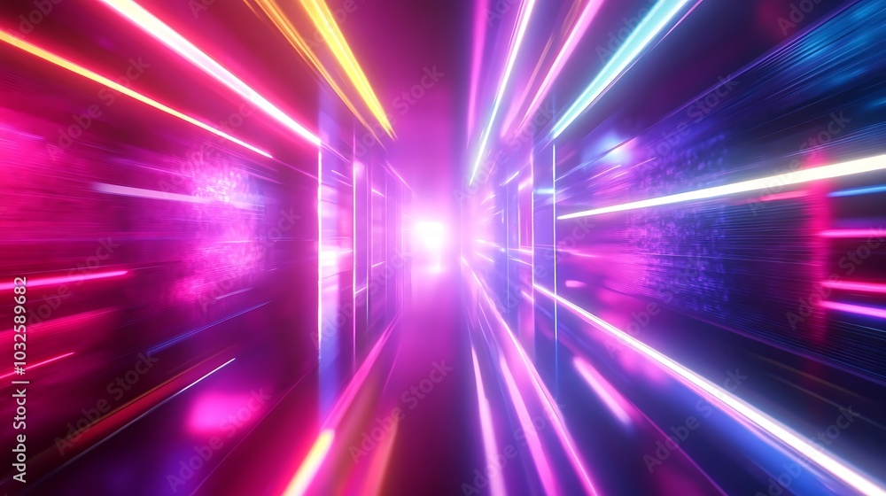 Poster light trails swirl around a dynamic holographic logo with text space