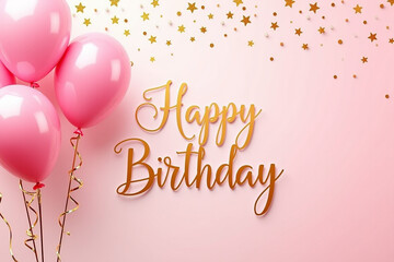 Happy birthday card with pink balloons and a golden confetti background text "Happy Birthday" is written in a calligraphy font Generative AI	