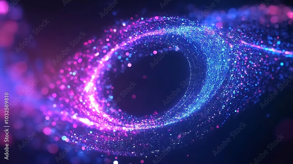 Poster light trails swirl around a dynamic holographic logo with text space