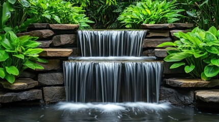 outdoor home modern water feature fountain waterfall as wide banner with copy space area for garden landscape design concepts
