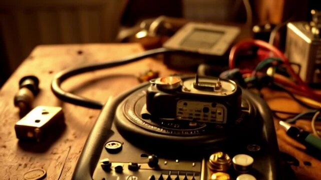 Overhead cinematic view of vintage oscilloscope on cluttered workbench with warm lighting and soft workshop sounds