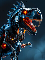 Mechanical Predator Tyrannosaurus Rex Robot with Glowing Eyes and Open Mouth Roaring Showing Teeth in Dark Forest Night Scene