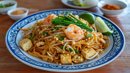 A colorful plate of pad thai with shrimp, tofu, bean sprouts, and fresh chives, garnished with lime and served on a blue-and-white patterned dish.