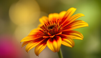 Obraz premium Beautiful colorful fairy dreamy magic yellow red flower blurry background, toned with instagram filters, macro closeup nature image shot wallpaper card, with copyspace for text isolated with white 