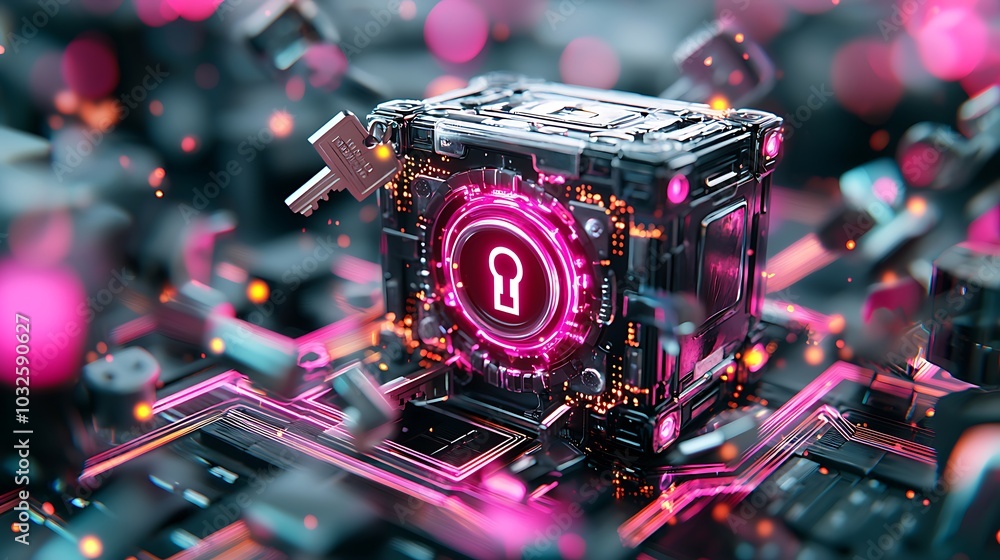 Poster glowing safe with key visualized in digital environment