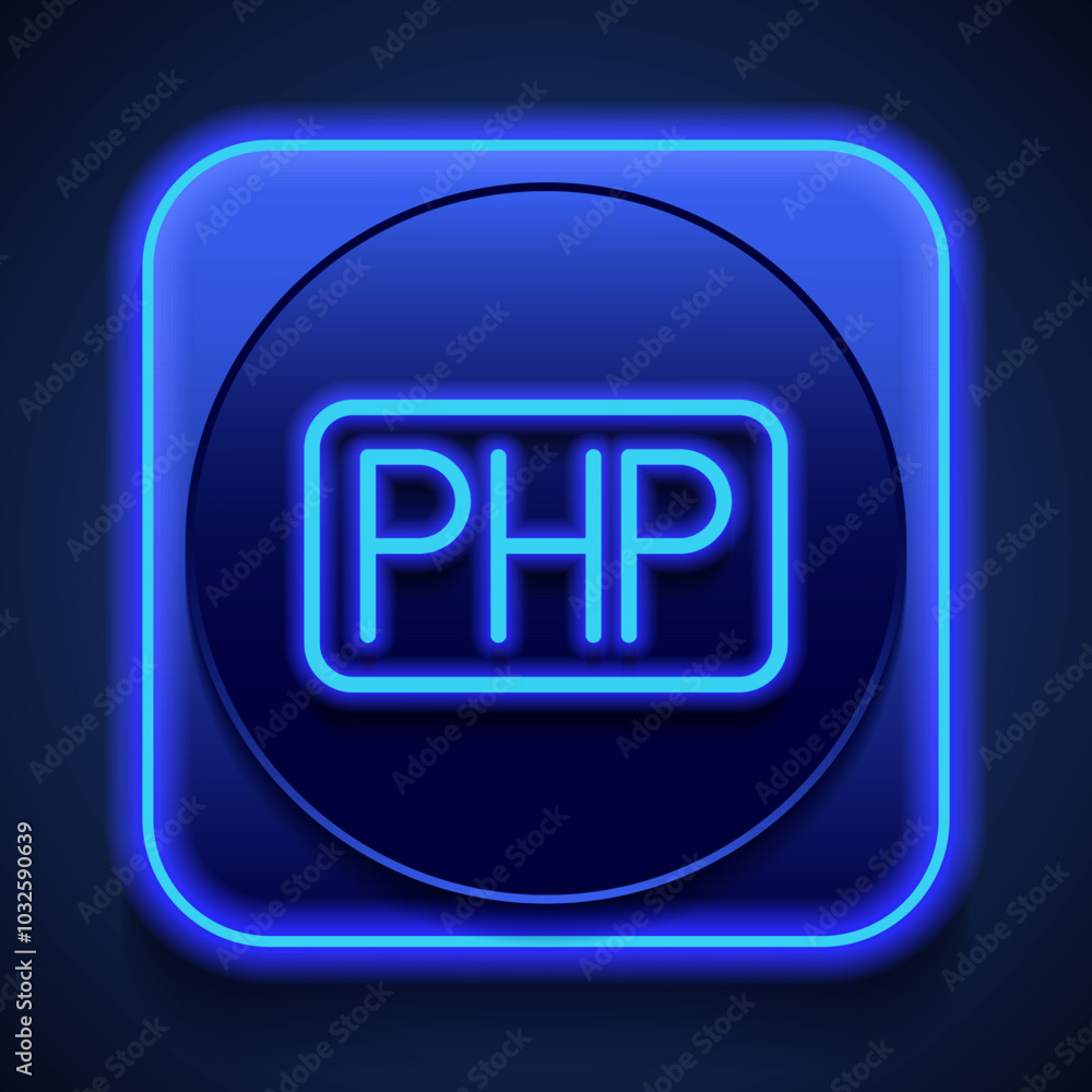 Poster php simple icon vector. flat design. blue neon style on button. with shadow