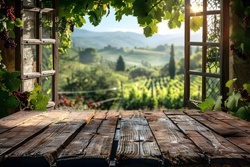 Naklejka premium A wooden table sitting in front of an open window
