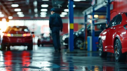 Blurred car workshop with mechanic in the sun rays. Auto repair station.