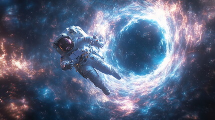 Fototapeta premium Astronaut Confronts Cosmic Abyss Near Swirling Black Hole