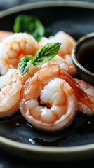 Studio lighting emphasizing the soft textures of Shrimp Sashimi, arranged with fresh herbs and soy sauce