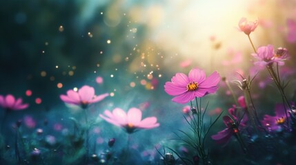 Obraz premium Pink flowers in a mystical forest setting