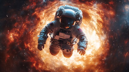 Obraz premium Astronaut Confronts Cosmic Abyss Near Swirling Black Hole