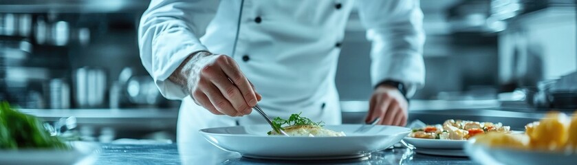 Chef plating gourmet dish in a modern kitchen
