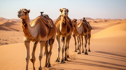Camels trekking through golden desert sands