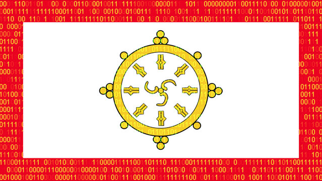 Binary code on flag of Sikkim. Program source code or Hacker concept on Sikkimese flag. Sikkim digital technology security, hacking or programming