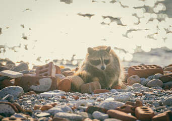 a racoon wandering on a artificial island made of construction waste