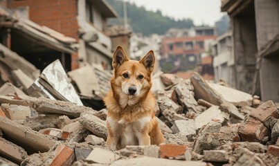 Dog sits among rubble after disaster.