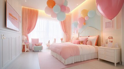 A pastel pink and blue-themed children's bedroom with balloons, a cozy bed, curtains, and soft lighting creating a whimsical, inviting atmosphere.