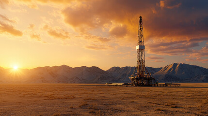 Drilling rig in desert at sunset, surrounded by mountains, showcasing industrial machinery and natural beauty. scene captures contrast between technology and nature
