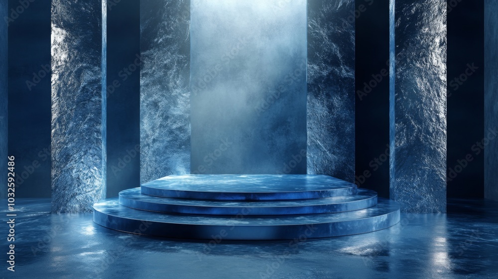 Poster A three-tiered, circular platform, illuminated by light shining down from the center. The platform is made of ice and has a frosted, translucent surface.