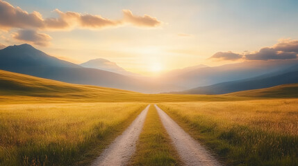 A serene landscape with a dirt path leading through grassy fields towards distant mountains, under a warm, golden sunrise sky. Peaceful and inviting scene.
