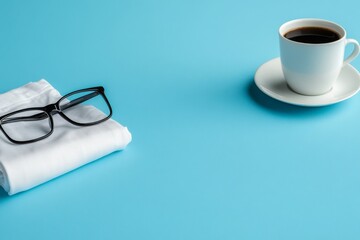 Minimalistic Eyewear and Coffee on Tranquil Blue Background